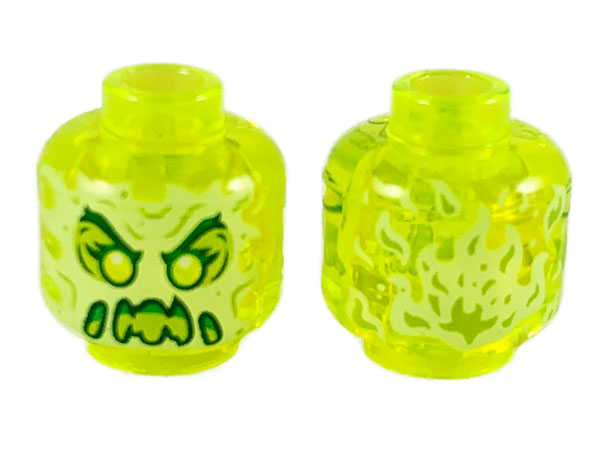 Minifigure, Head Alien Female Ghost with Yellowish Green Face, Dark Green Eyebrows, Double Eyelashes, Lime Eye Shadow, Green Angry Open Mouth with Slime, Sharp Teeth and Tongue, Flames on Back Pattern