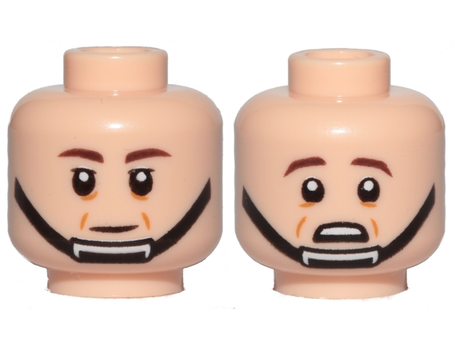Minifigure, Head Dual Sided Dark Brown Eyebrows, Black Chin Strap, Cheek Lines, Neutral / Scared with Wrinkles Below Eyes Pattern