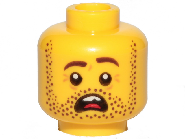 Minifigure, Head Dark Brown Beard Stubble, Dark Brown Eyebrows, Left Raised, Open Mouth, Teeth and Tongue, Scared Pattern