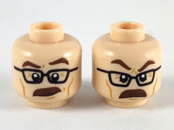 Minifigure, Head Dual Sided Reddish Brown Eyebrows and Moustache, Black Glasses, Surprised with Eyebrow Raised / Angry Pattern