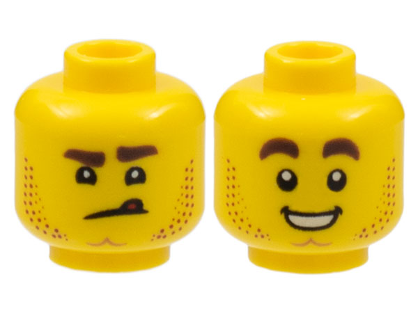 Minifigure, Head Dual Sided Stubble, Dimpled Chin, Angry Scowl with Tongue / Smile with Teeth Pattern