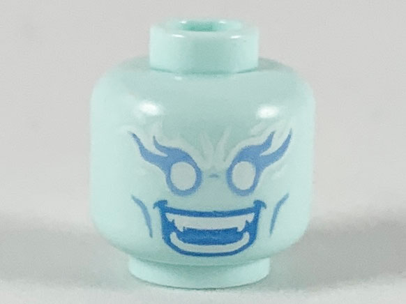 Minifigure, Head Alien Female Bright Light Blue Long Eyelashes and Cheek Lines, White Eyes, Blue Open Mouth Smile with Teeth Parted and Fangs Pattern