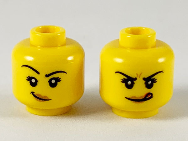 Minifigure, Head Dual Sided Female Black Eyebrows, Medium Nougat Lips, Smirk with Raised Right Eyebrow / Licking Lips Pattern