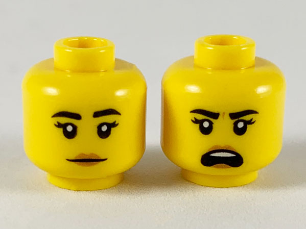 Minifigure, Head Dual Sided Female, Black Eyebrows, Medium Nougat Lips, Neutral / Shouting Pattern