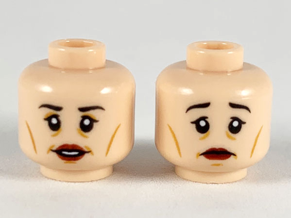 Minifigure, Head Dual Sided Female Black Eyebrows, Upper Eyelids, Medium Nougat Eye Shadow, Cheek Lines, Wrinkles, and Chin Dimple, Dark Red Lips, Open Mouth Smile with Teeth / Sad Frown Pattern