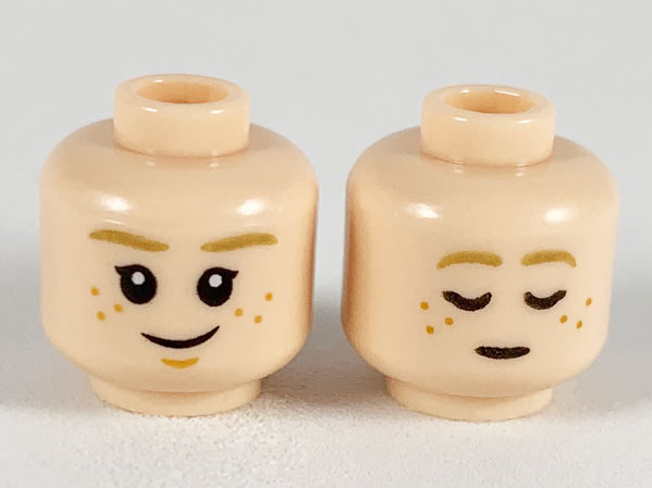 Minifigure, Head Dual Sided Child, Dark Tan Eyebrows, Dark Orange Freckles, Smile / Asleep Pattern