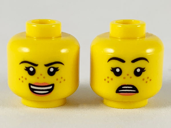 Minifigure, Head Dual Sided Female Black Eyebrows, Medium Nougat Freckles, Coral Lips, Open Mouth Smile / Scared Pattern