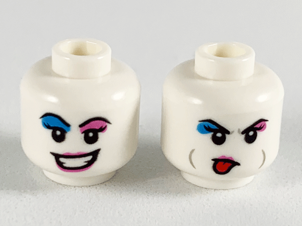 Minifigure, Head Dual Sided Female Dark Azure and Dark Pink Eye Shadow, Dark Pink Lips, Smile / Sticking Out Tongue Pattern