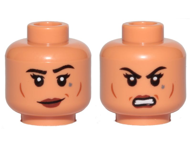 Minifigure, Head Dual Sided Female Dark Red Lips, Black Eyebrows, Cheek Lines, Dark Bluish Gray Tattoo, Smile / Angry Pattern