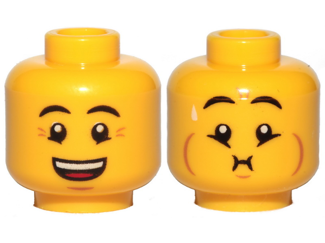 Minifigure, Head Dual Sided Eyebrows, Crow's Feet, Open Mouth Smile / Queasy Expression with Sweat Drop Pattern