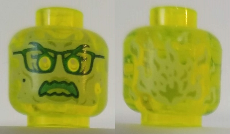 Minifigure, Head Alien Ghost with Yellowish Green Face, Glasses, Angry and Flames in Back Pattern