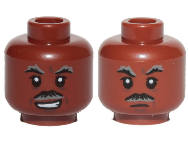 Minifigure, Head Dual Sided Black and Gray Moustache and Eyebrows, Lopsided Grin / Closed Mouth Pattern (SW Lando)