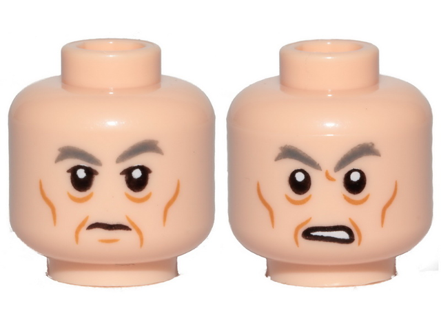 Minifigure, Head Dual Sided Dark Bluish Gray Eyebrows, Eye Bags, Cheek Lines, Chin Dimple, Grin / Angry Pattern (SW General Pryde)