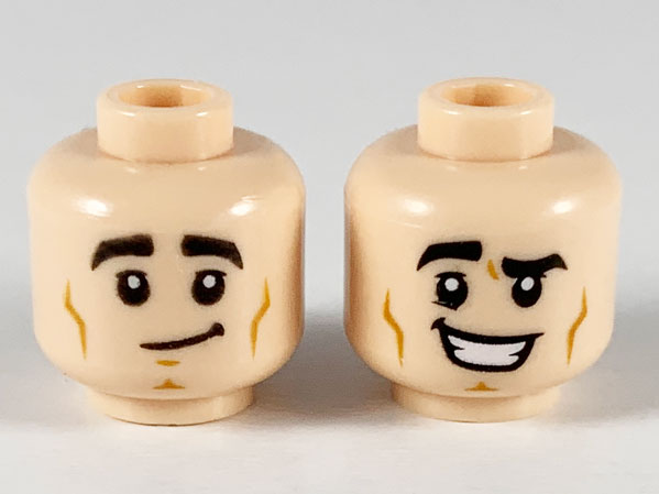Minifigure, Head Dual Sided Black Eyebrows, Lopsided Grin / Large Smile with Raised Right Eyebrow Pattern