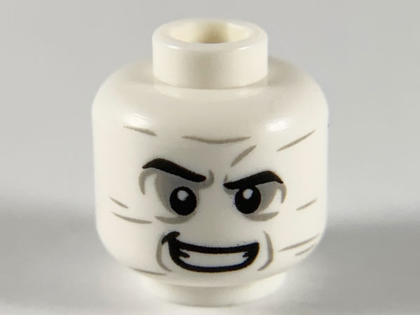 Minifigure, Head Black Eyebrows, Light Bluish Gray Wrinkles and Eye Shadow, Lopsided Grin Pattern