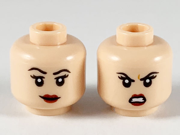 Minifigure, Head Dual Sided Female, Black Eyebrows, Dark Red Lips, Smile with Raised Right Eyebrow / Scowl Pattern