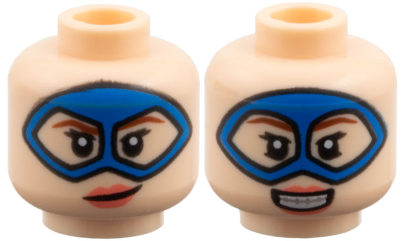 Minifigure, Head Dual Sided Female, Blue Domino Mask, Reddish Brown Eyebrows, Coral Lips, Lopsided Grin / Open Smile Pattern