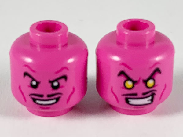 Minifigure, Head Dual Sided Black Eyebrows and Pencil Moustache, Magenta Cheek Lines, Smile / Scowl with Yellow Eyes Pattern