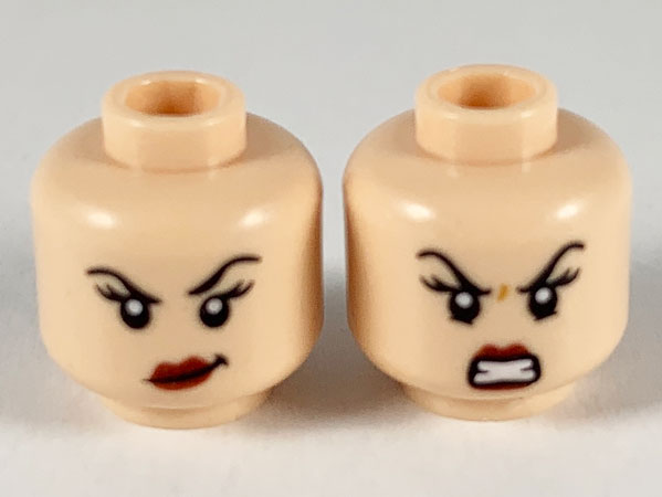 Minifigure, Head Dual Sided Female, Black Eyebrows, Dark Pink Lips, Smirk with Raised Left Eyebrow / Fierce Scowl Pattern