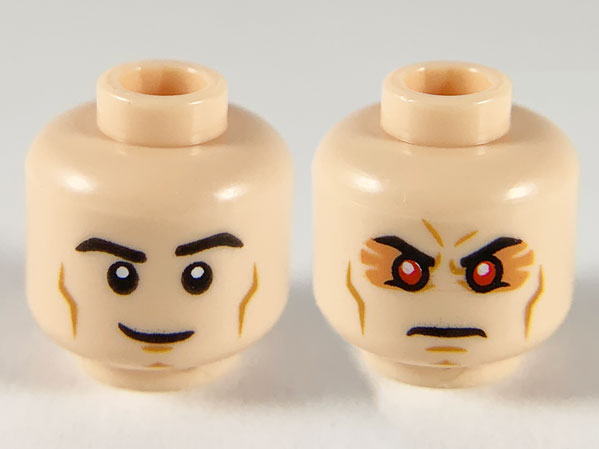 Minifigure, Head Dual Sided Black Eyebrows, Medium Nougat Cheek Lines, Grin / Firm with Red Eyes Pattern