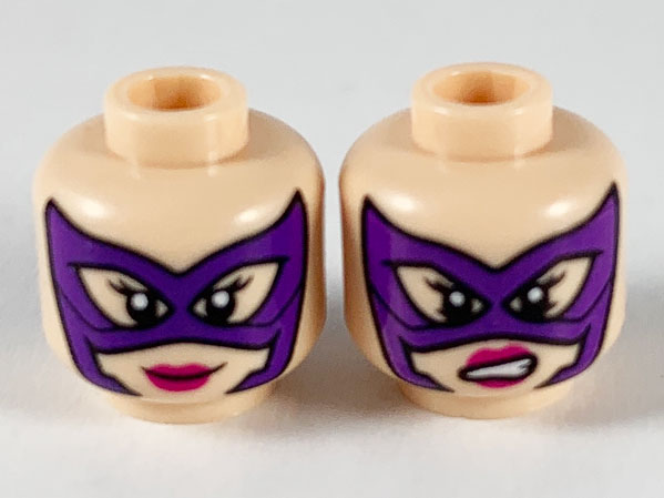Minifigure, Head Dual Sided Female, Dark Purple Mask, Magenta Lips, Smile / Scowl Showing Teeth Pattern