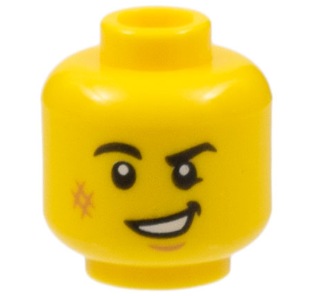 Minifigure, Head Black Eyebrows, Right Rounded, Medium Nougat Scuff Mark and Chin Dimple, Lopsided Open Mouth Smile with Teeth Pattern