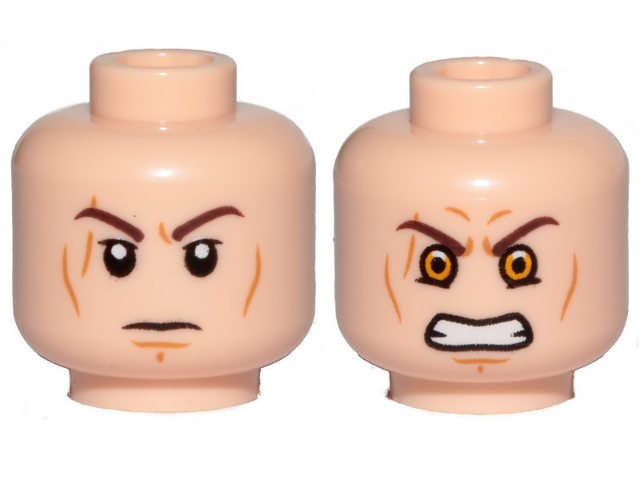 Minifigure, Head Dual Sided Dark Brown Eyebrows, Cheek Lines and Scar, Determined / Angry with Yellow Eyes Pattern (SW Anakin Sith)
