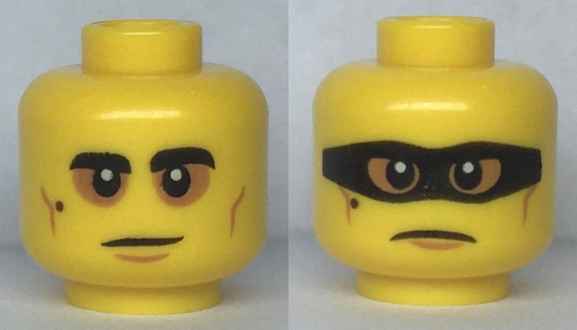 Minifigure, Head Dual Sided Black Eyebrows and Mole, Medium Nougat Cheek Lines, Baggy Eyes / Frown with Black Mask Pattern