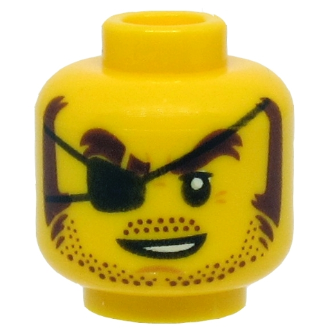 Minifigure, Head Black Eye Patch, Brown Eyebrows, Sideburns, Stubble, Open White Mouth Pattern