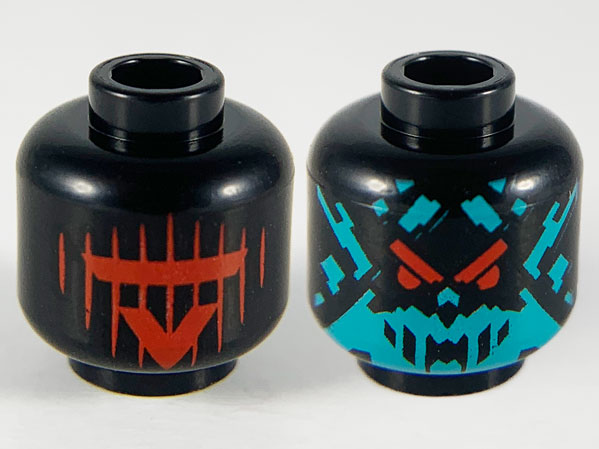 Minifigure, Head Dual Sided Alien, Red Visor and 'V' with 9 Vertical Stripes / Dark Turquoise Splotch Face with Red Eyes Pattern