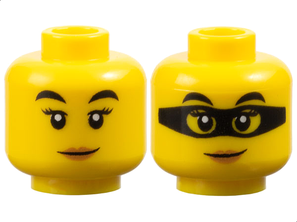 Minifigure, Head Dual Sided Female Black Eyebrows, Eyelashes, Medium Nougat Lips, Lopsided Grin / Black Mask Pattern