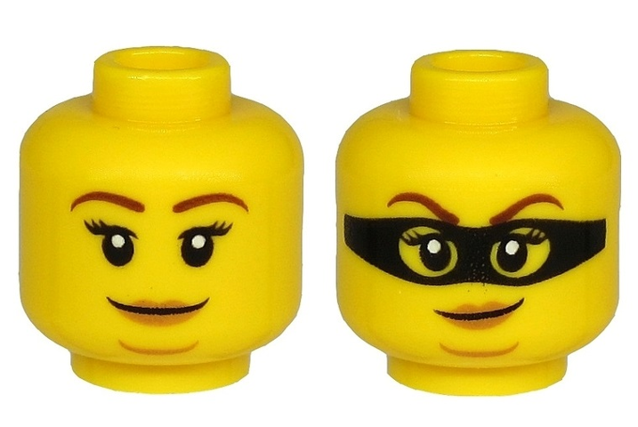 Minifigure, Head Dual Sided Female Brown Eyebrows, Peach Lips, Chin Dimple and Closed Mouth Smirk / Black Mask Pattern