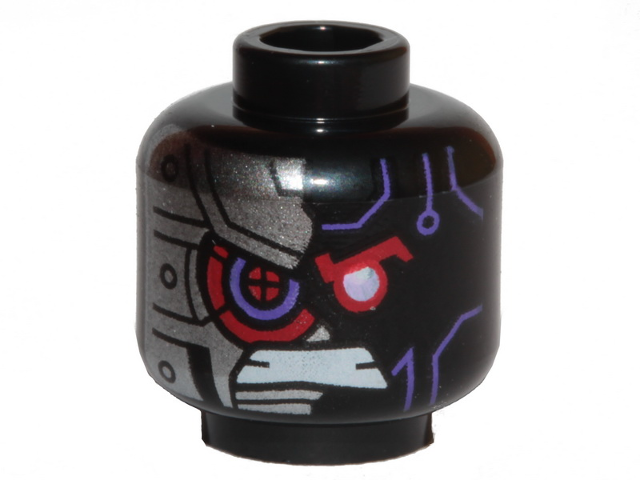 Minifigure, Head Alien Dark Purple Highlights, Red Eye, Gritted Teeth, Silver Armored Right Side Pattern