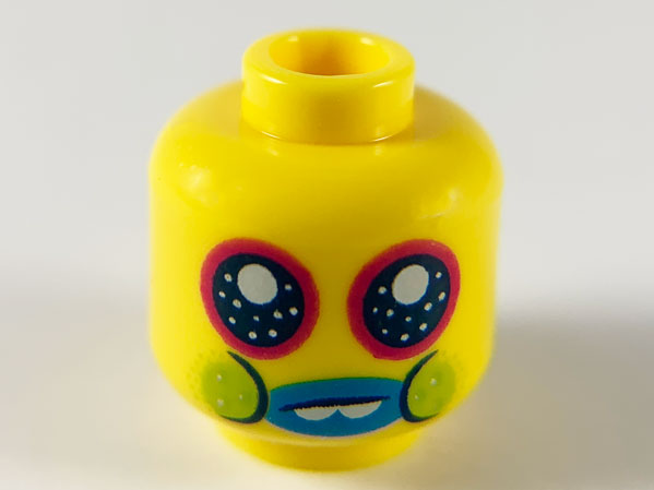 Minifigure, Head Large Dark Blue Eyes with Magenta Outlines, Dark Azure Lips, 2 White Teeth, Lime Cheeks Pattern