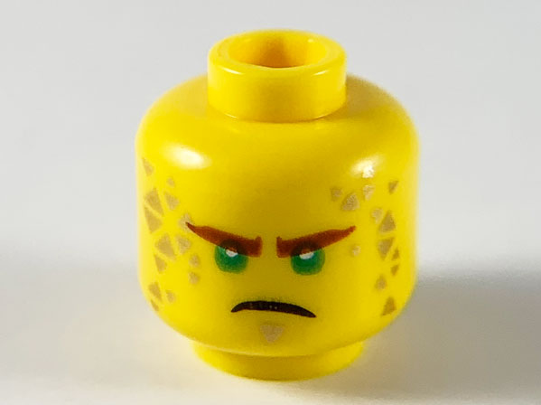 Minifigure, Head Reddish Brown Eyebrows, Green Eyes, Gold Soul Patch and Triangles, Angry Frown Pattern
