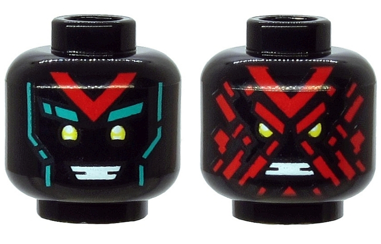 Minifigure, Head Dual Sided Alien, Yellow Eyes, Red 'V', Dark Turquoise Eyebrows, Happy / Angry with Red Splotch Face Pattern