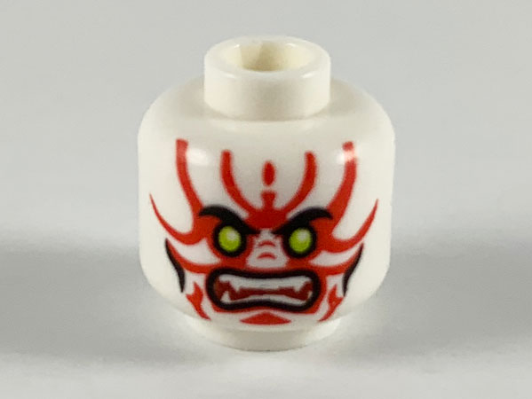 Minifigure, Head Alien with Lime Eyes, White Fangs, Red Simpler Face Decorations and Black Mouth and Cheek Lines Pattern