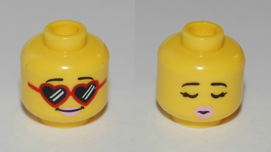 Minifigure, Head Dual Sided Female Black Eyebrows, Red Heart-Shaped Sunglasses, Bright Pink Lips / Eyes Closed, Kissing Pattern (BAM)