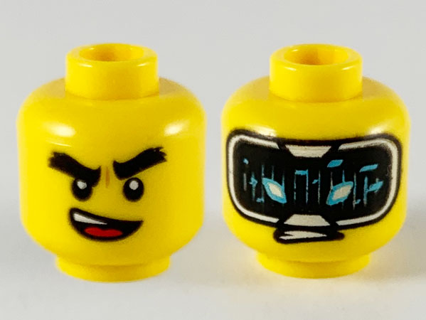 Minifigure, Head Dual Sided Thick Black Eyebrows, Lopsided Open Mouth / HUD with Black Screen, Medium Azure Highlights Pattern