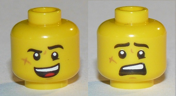 Minifigure, Head Dual Sided Black Eyebrows, Cheek Scar, Open Mouth Smile / Scared Pattern