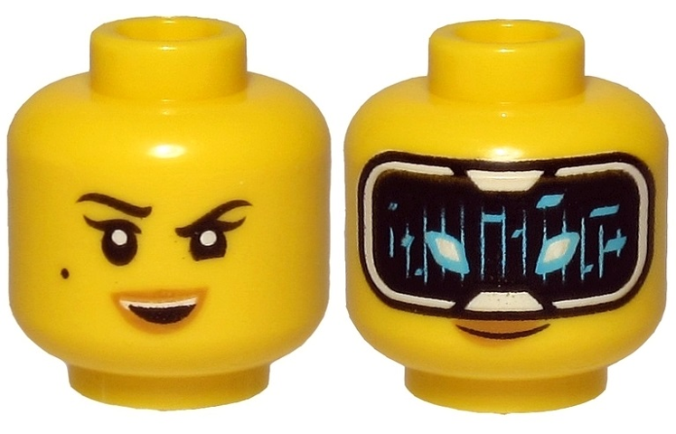 Minifigure, Head Dual Sided Female Black Eyebrows, Beauty Mark, Smile / HUD with Black Screen, Medium Azure Highlights Pattern