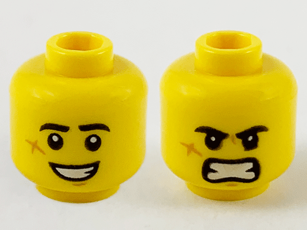 Minifigure, Head Dual Sided Black Eyebrows, Cheek Scar, Large Smile with Teeth / Angry Pattern