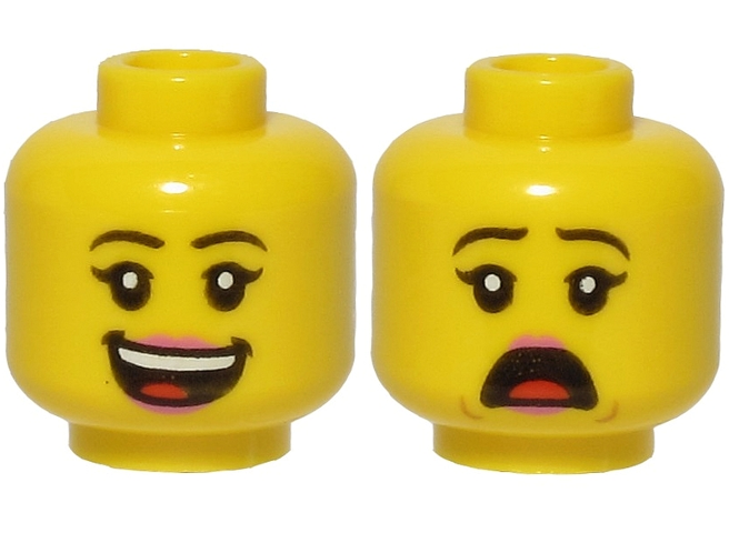 Minifigure, Head Dual Sided Female Black Eyebrows, Pink Lips, Smile with Teeth and Tongue / Scared Pattern