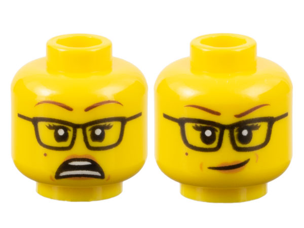 Minifigure, Head Dual Sided Female Reddish Brown Eyebrows, Black Glasses, Nougat Lips, Beauty Mark, Scared / Lopsided Smile Pattern