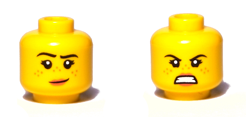 Minifigure, Head Dual Sided Female, Freckles, Pink Lips, Raised Right Eyebrow, Smile / Angry Pattern