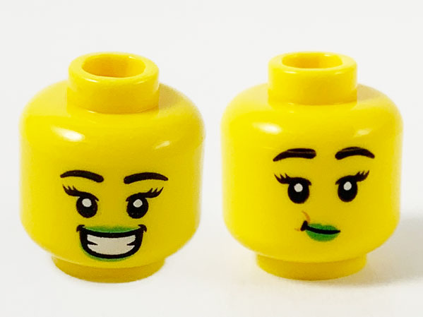Minifigure, Head Dual Sided Female, Black Eyebrows, Bright Green Lips, Large Smile / Eating Pattern