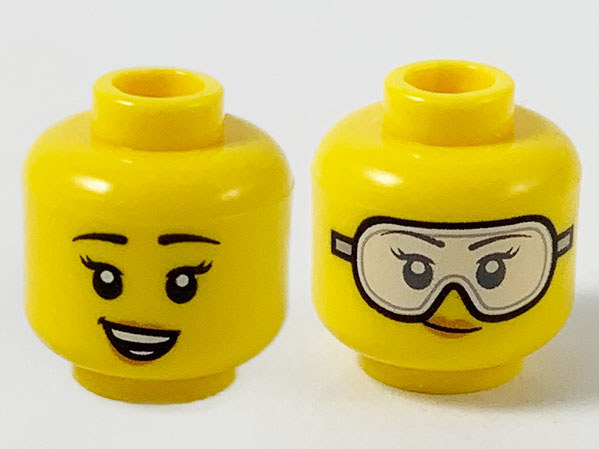 Minifigure, Head Dual Sided Female, Black Eyebrows, Peach Lips, Smile Showing Teeth / Safety Goggles Pattern