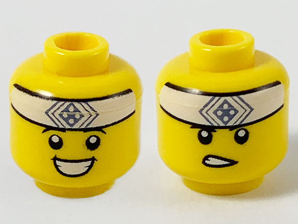 Minifigure, Head Dual Sided White Headband with Sand Blue Square Symbol, Smile / Gritted Teeth Pattern