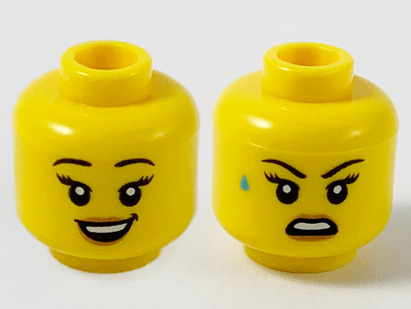 Minifigure, Head Dual Sided Female, Black Eyebrows, Peach Lips, Smile Showing Teeth / Open Mouth with Sweat Drop Pattern