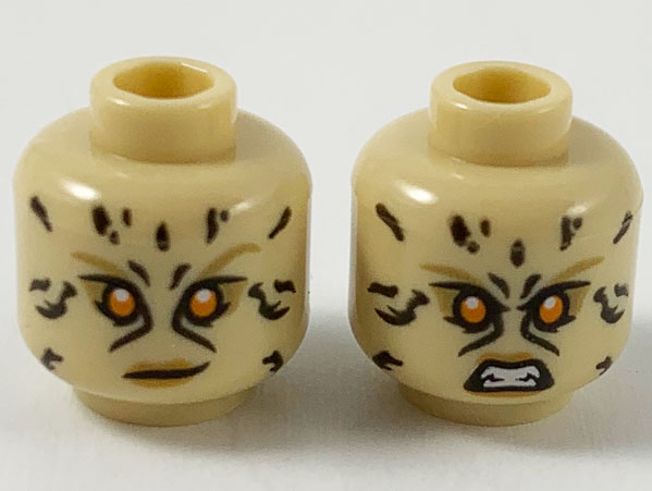 Minifigure, Head Dual Sided Female, Animal Print Black Spots, Orange Eyes, Dark Tan Eyebrows, Medium Nougat Lips, Smirk / Fierce Pattern